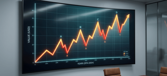 Line graph showing value in USD over years from 2014 to 2024 with labeled peaks and troughs