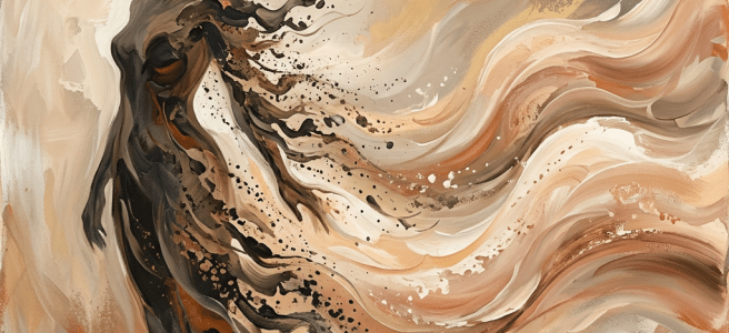 Abstract human figure merging with flowing beige, brown, and black swirling paint